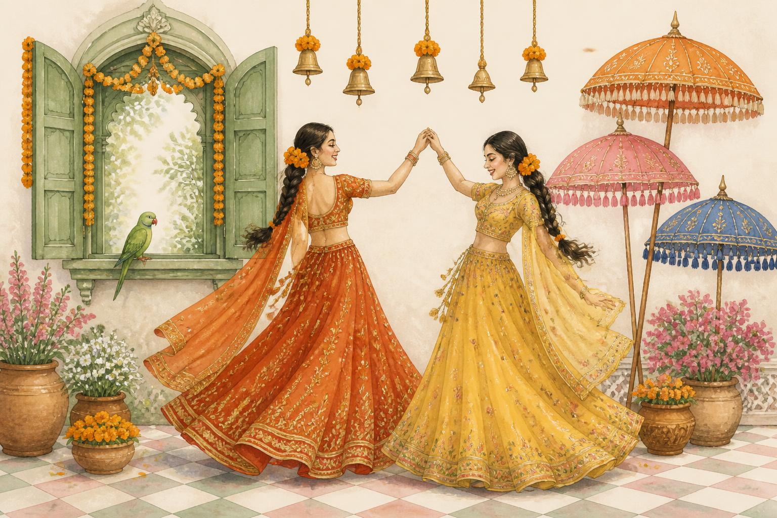 Watercolour illustration of two women in orange and yellow lehengas dancing beside a marigold-draped jharokha window