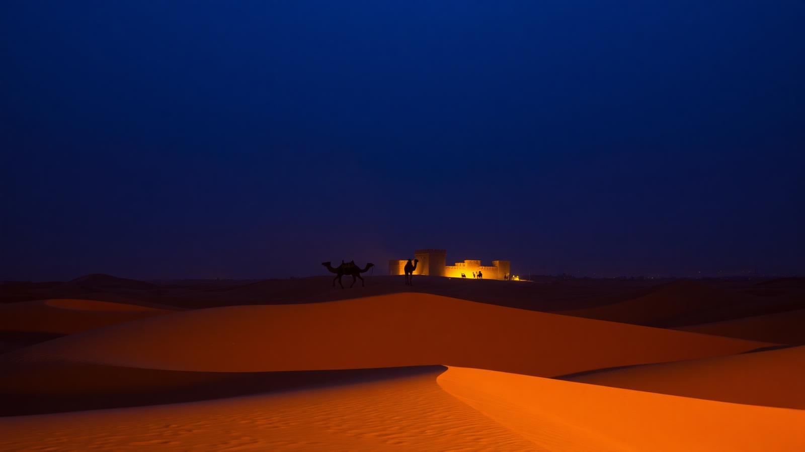 Sand dunes and camels near Mandawa at dusk