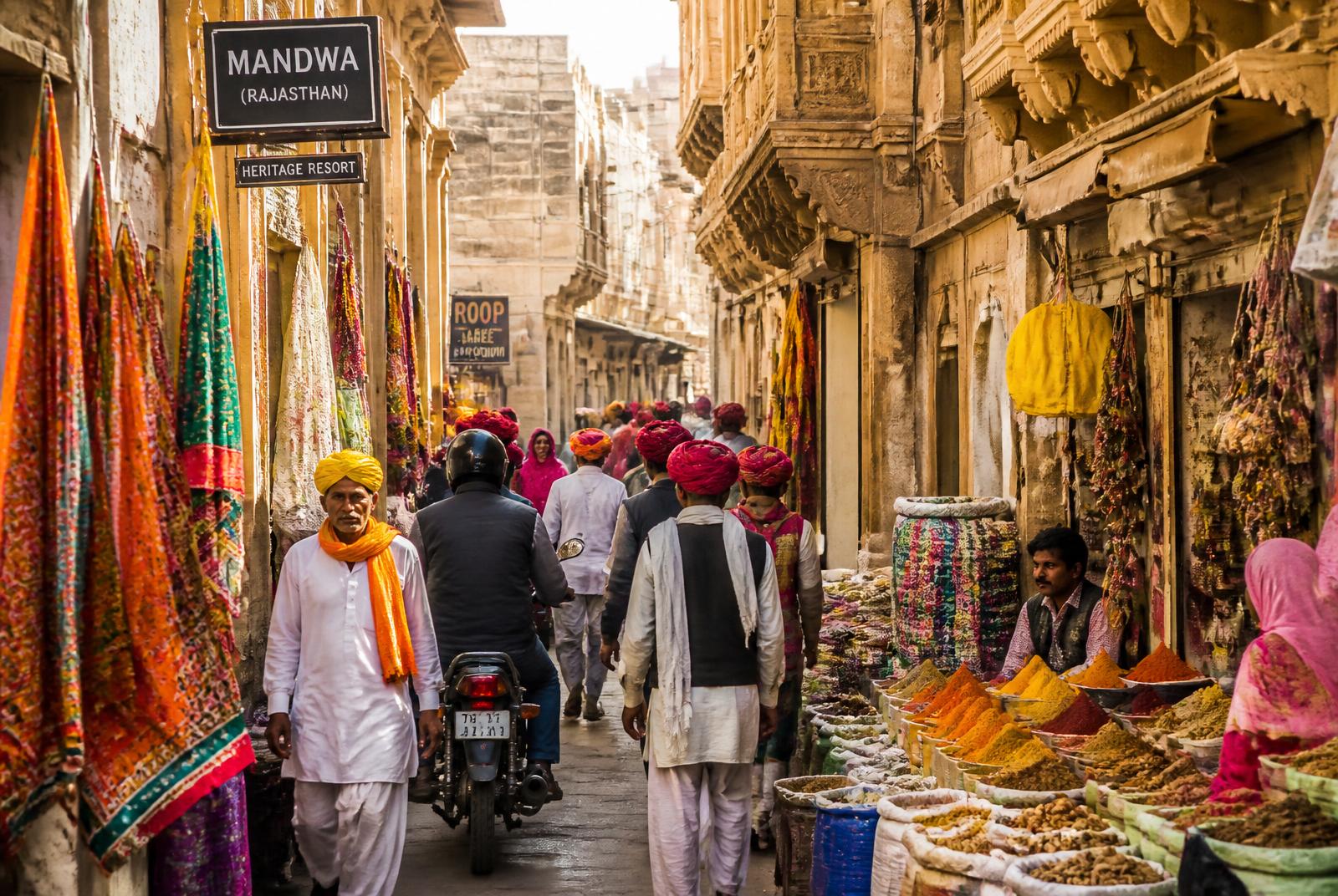 Colourful textile and spice stalls in the Mandawa bazaar