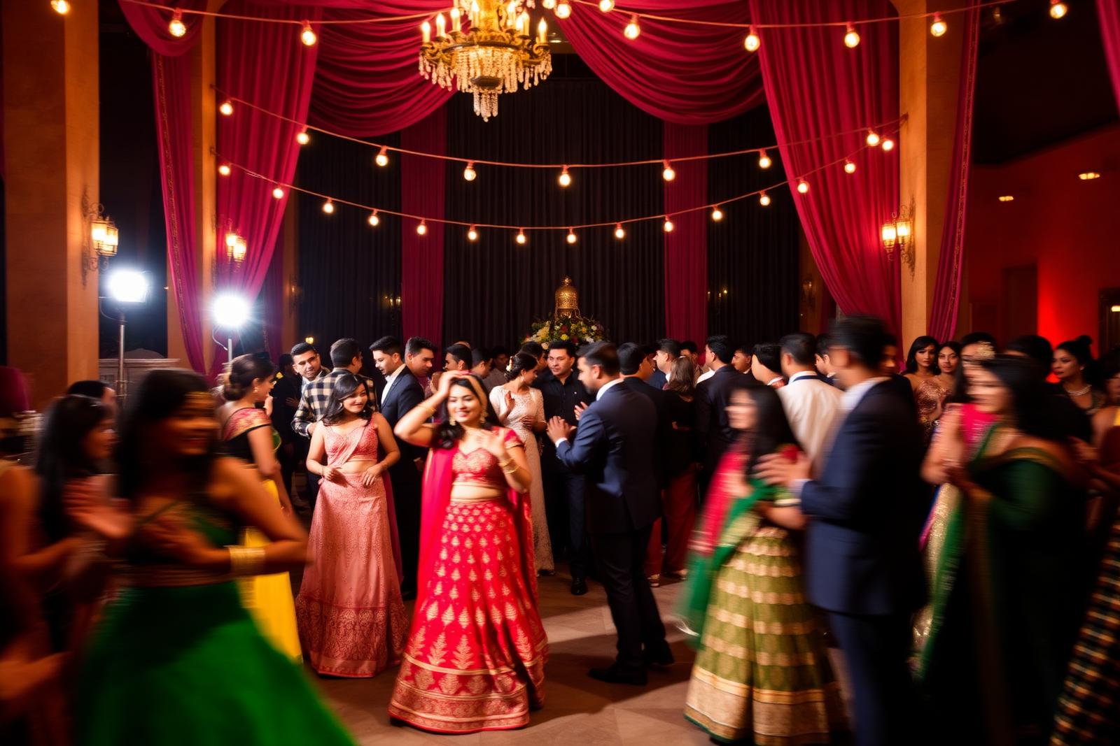 Guests dancing in colourful outfits at a sangeet night in a lantern-lit courtyard
